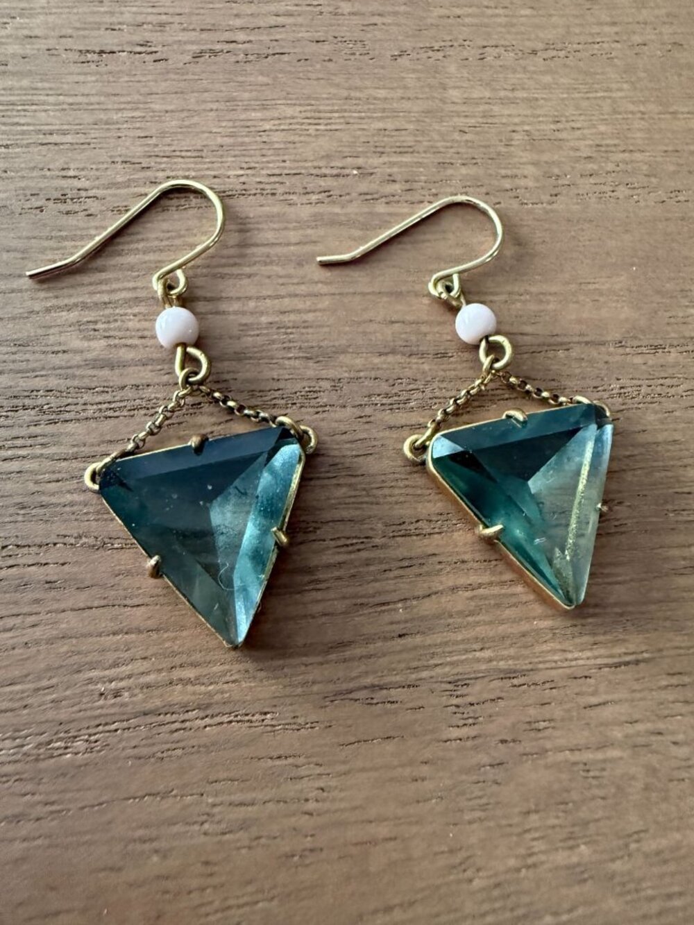 J Crew Gold-Tone Dangle Earrings Triangular Green Blue Glass Unique